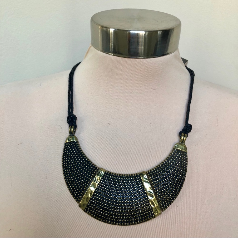 Gold black crescent plate statement necklace